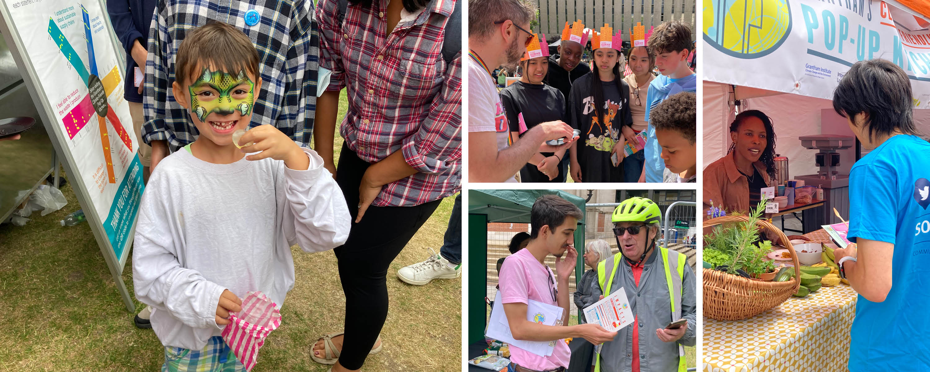 Collage of images from the Great Exhibition Road festival showing visitors to the Grantham Climate Friendly Pop-Up