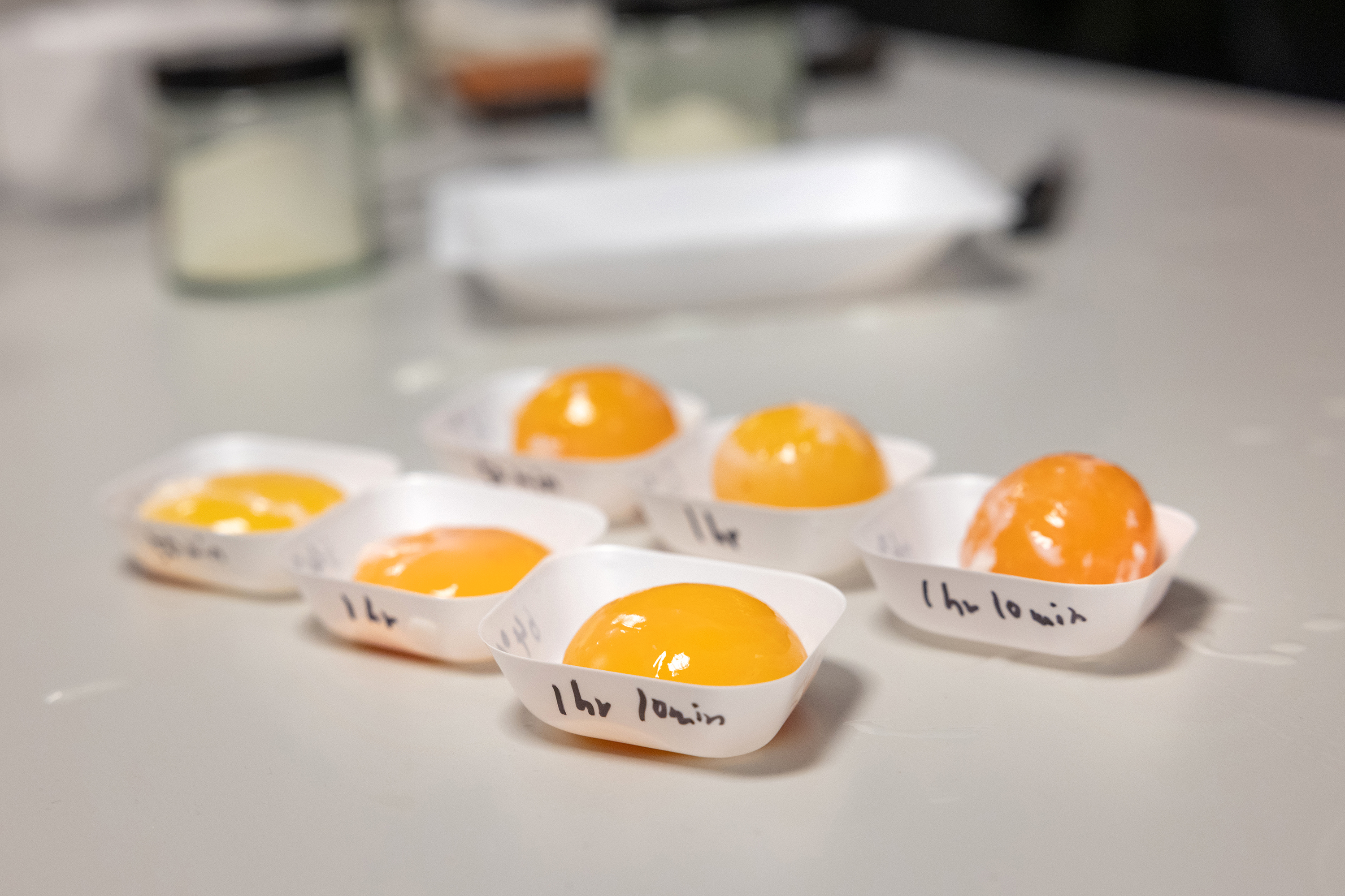 Egg yolks cooked at different temperatures for different periods of time