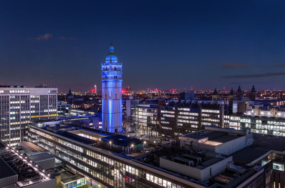 Aerial shot of South Kensington campus at night.