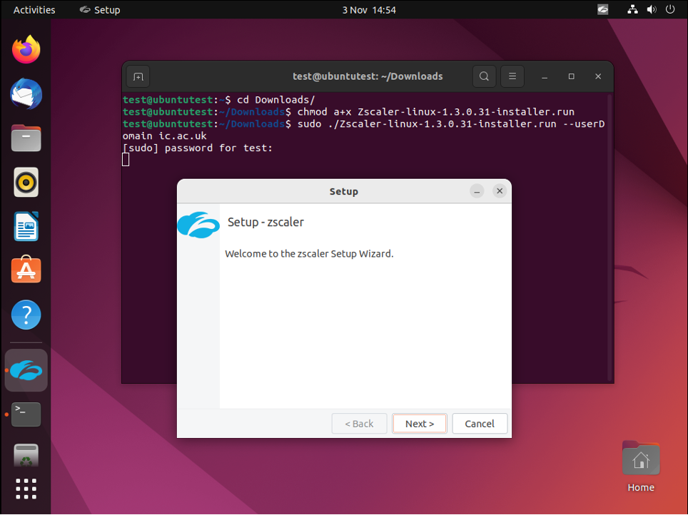 Screenshot for installing Zscaler on a Linux device