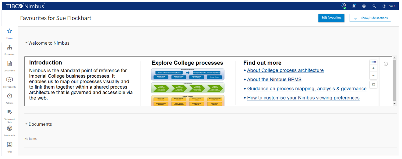 A screenshot of the landing page of Nimbus after logging in