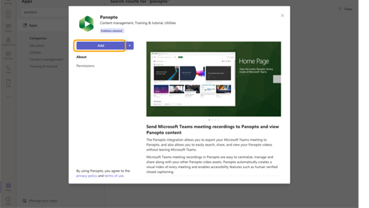 Teams App store showing Panopto app and Add button