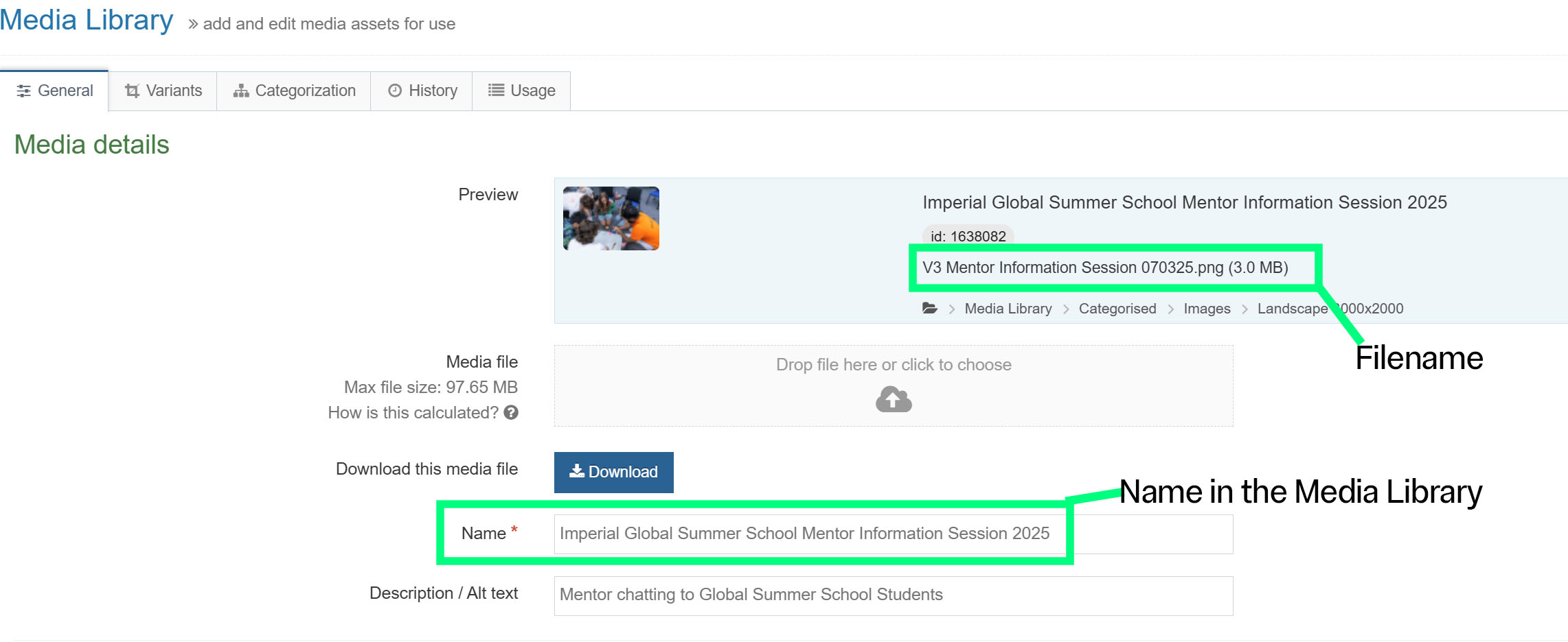 Screenshot of a Media Library item with the filename and Name field highlighted