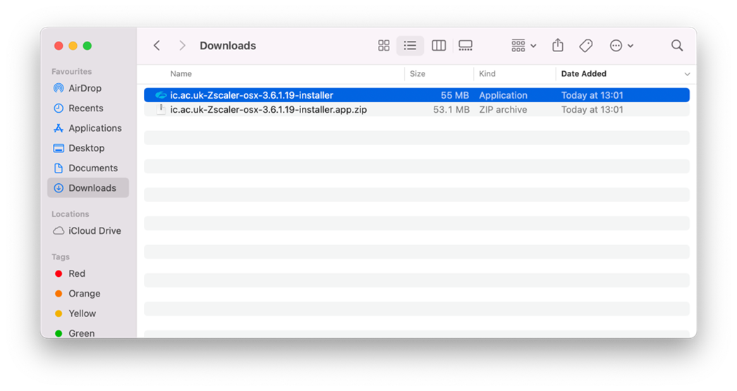 Screenshot of a downloaded zscaler client connector zip file on a Mac computer to be extracted