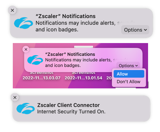 Screenshot of dialog boxes that allow you to edit notification settings for Zscaler on a Mac computer