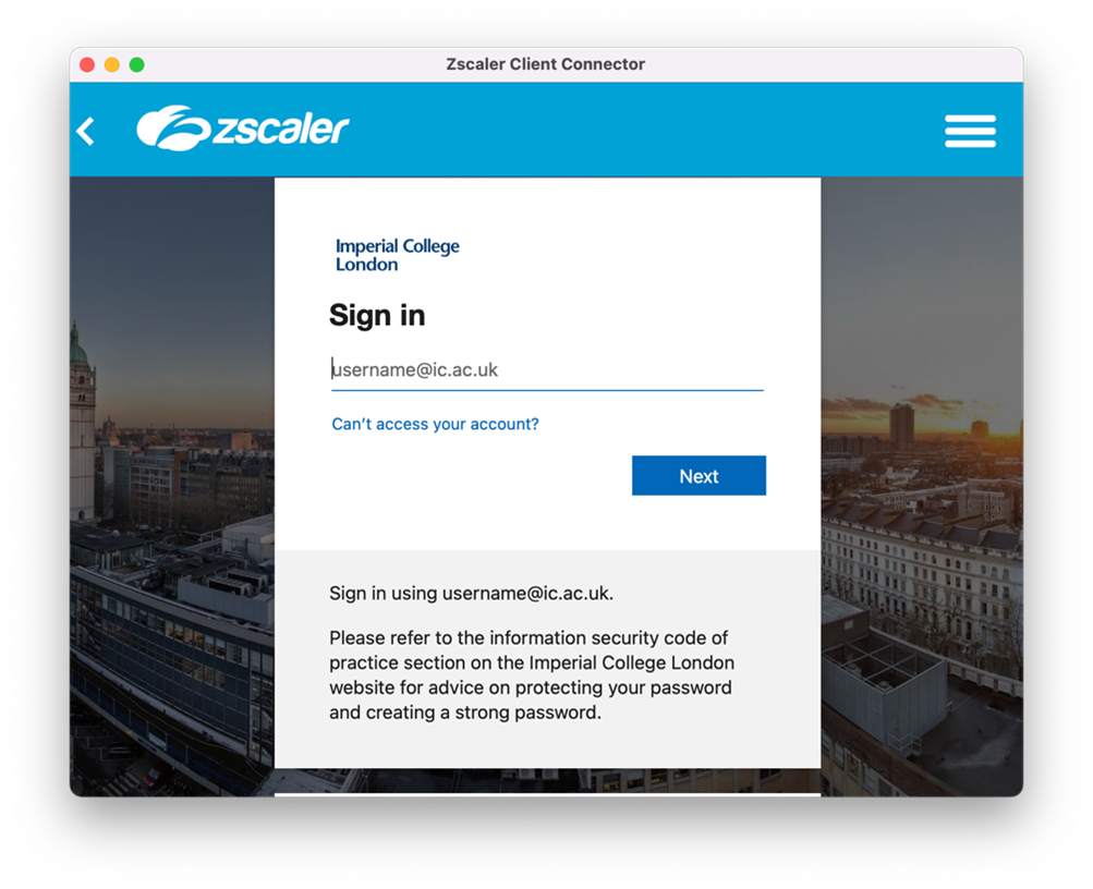 Screenshot of sign in box for Zscaler client connector on a Mac computer