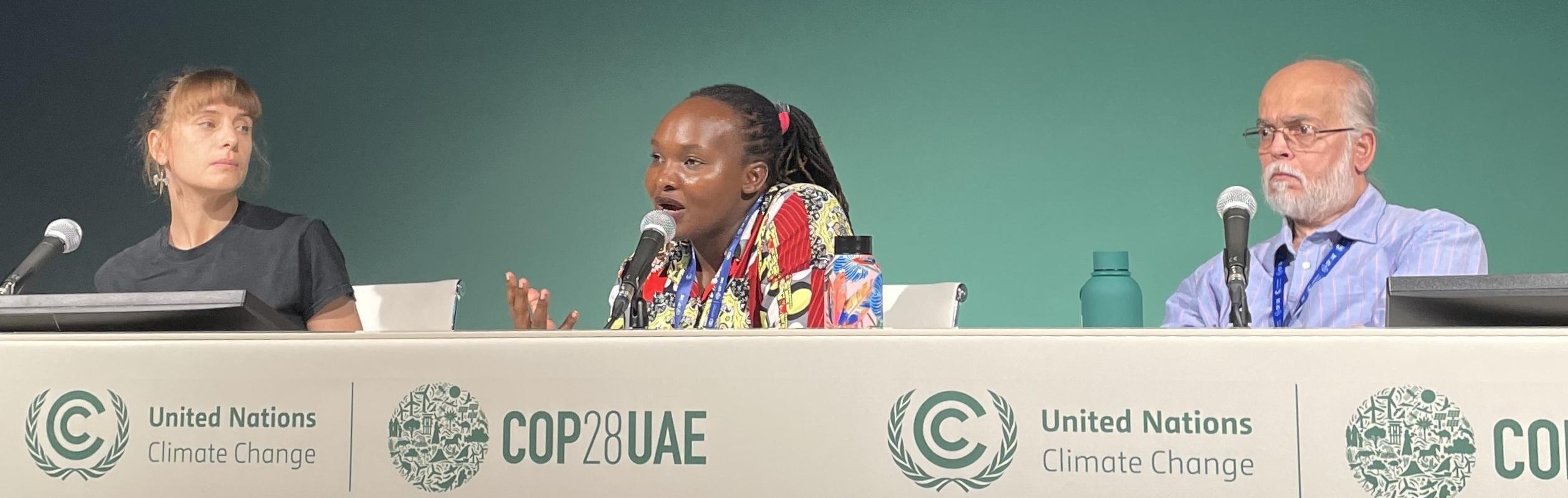 Dr Fredi Otto and Dr Joyce Kimutai speaking at a panel at COP28