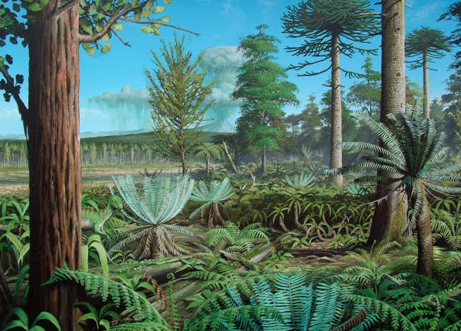 Alexander Island, painting of a Cretaceous forest from the Antarctic Peninsula