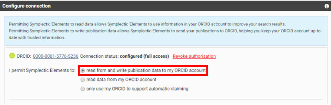 Symplectic configure connection box with read from and write publication data to my ORCID account