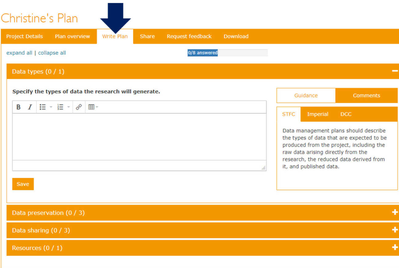 DMPOnline Write Plan tab