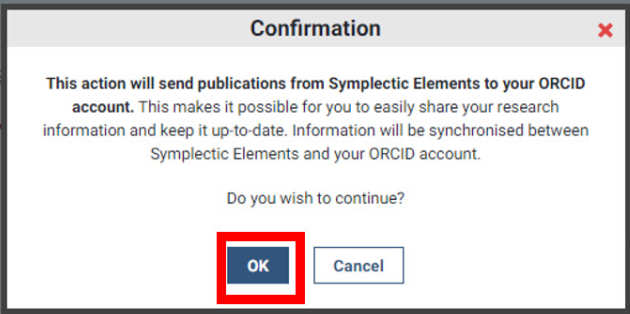 ORCID confirmation pop up