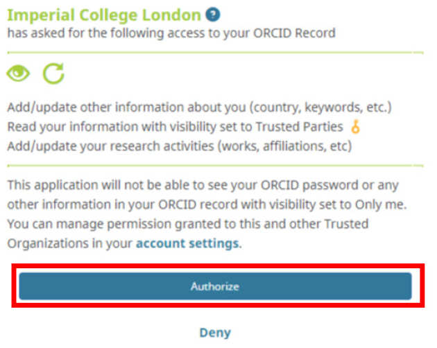 ORCID authorize button highlighted