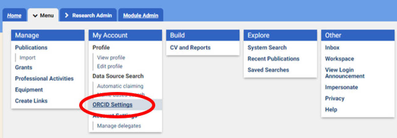 Screenshot of Symplectic Menu with Orcid settings highlighted