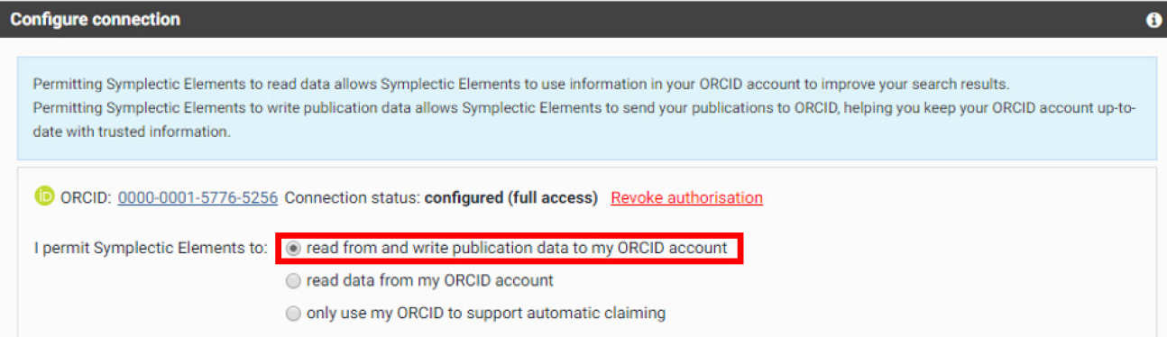 Symplectic configure connection box with read from and write publication data to my ORCID account highlighted