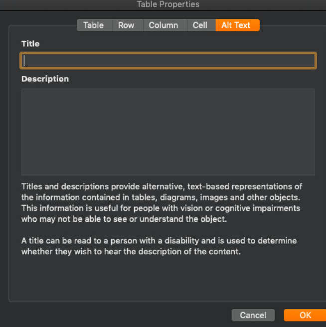Screenshot of the table properties menu with the Alt Text tab selected.