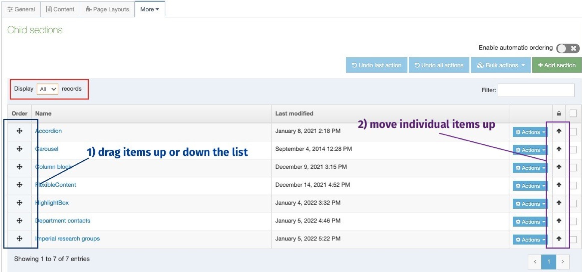 Child sections screen showing the two options for reordering content