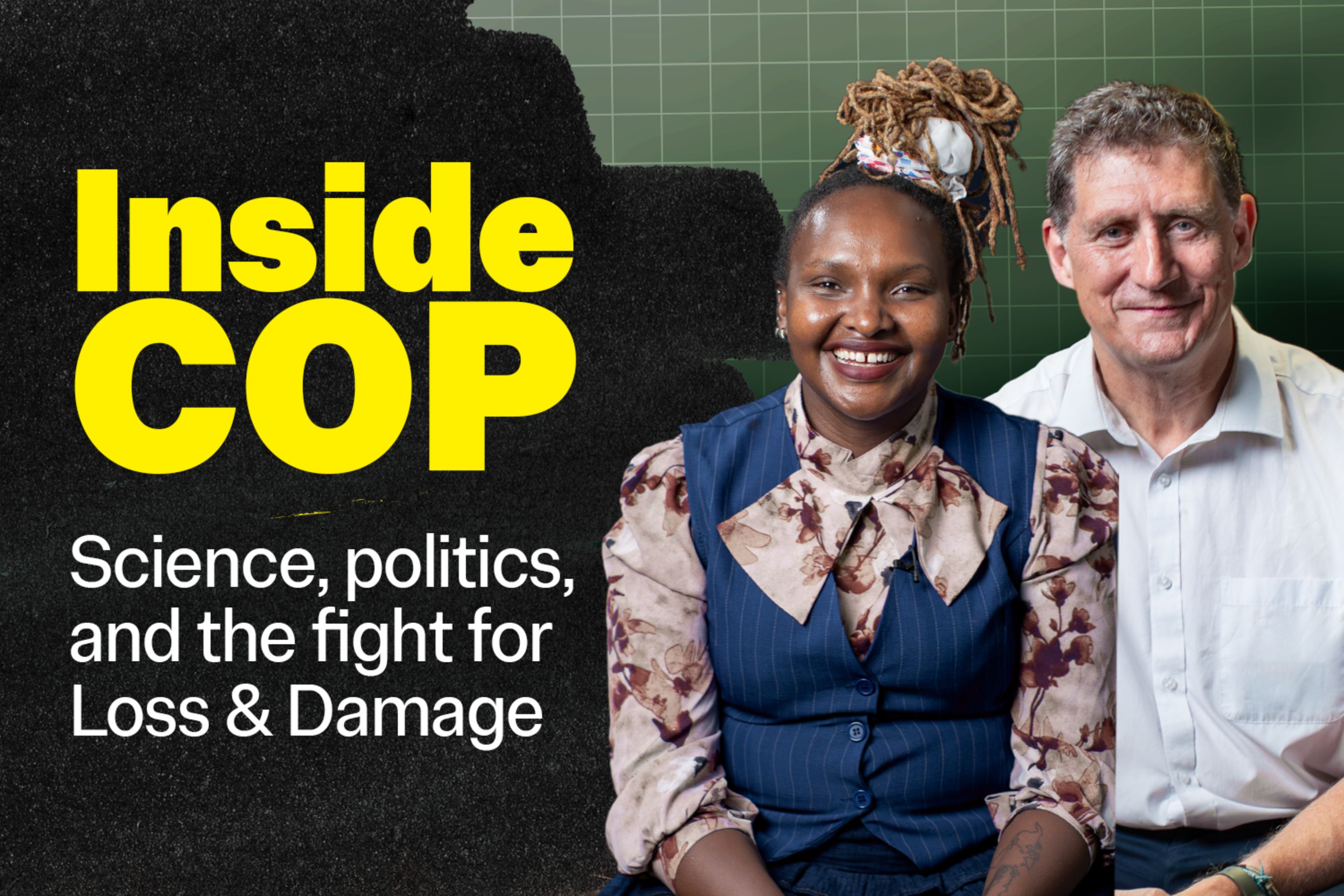 Joyce Kimutai and Eamon Ryan alongside text saying Inside COP: Science politics and the fight for loss and damage