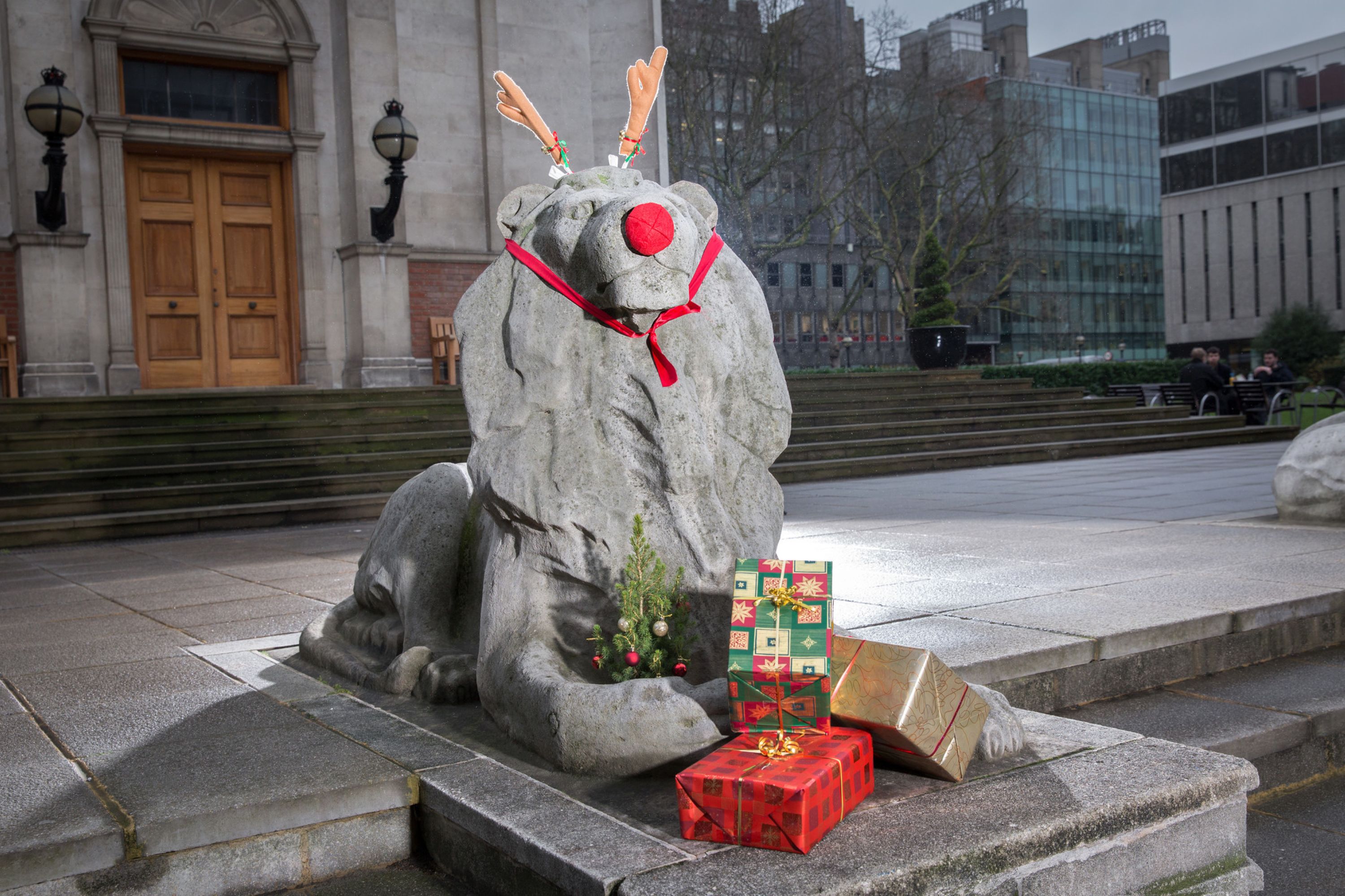 Queens Tower Lion with Christmas presents