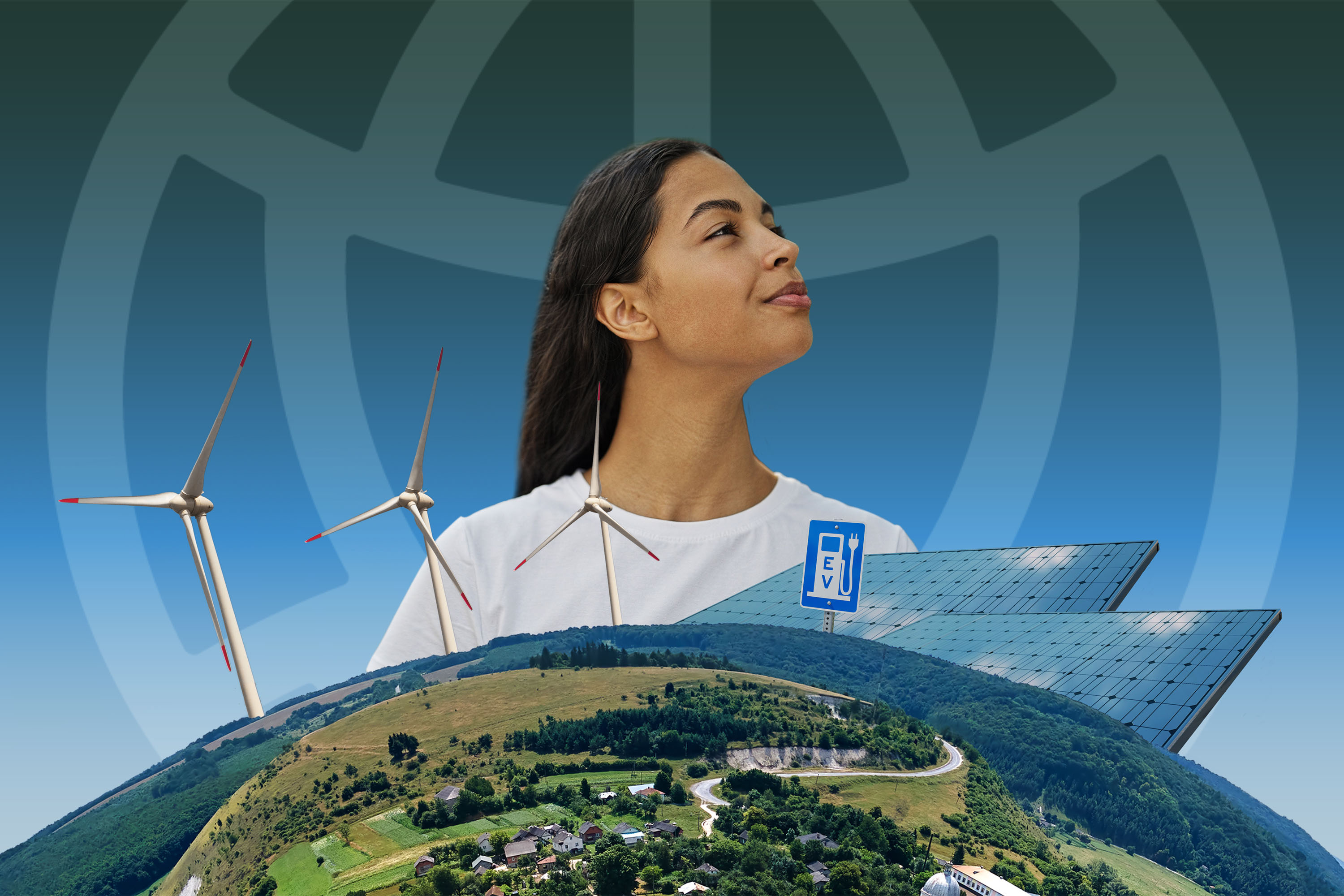 Undaunted collage shows a woman looking up into the far distance, smiling. She is surrounded by different kinds of climate technology and the Earth sits below her, with Undauned's symbol in the background