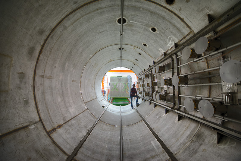 a component of MicroBooNE’s time projection chamber being installed (Courtesy: Reidar Hahn, Fermilab)